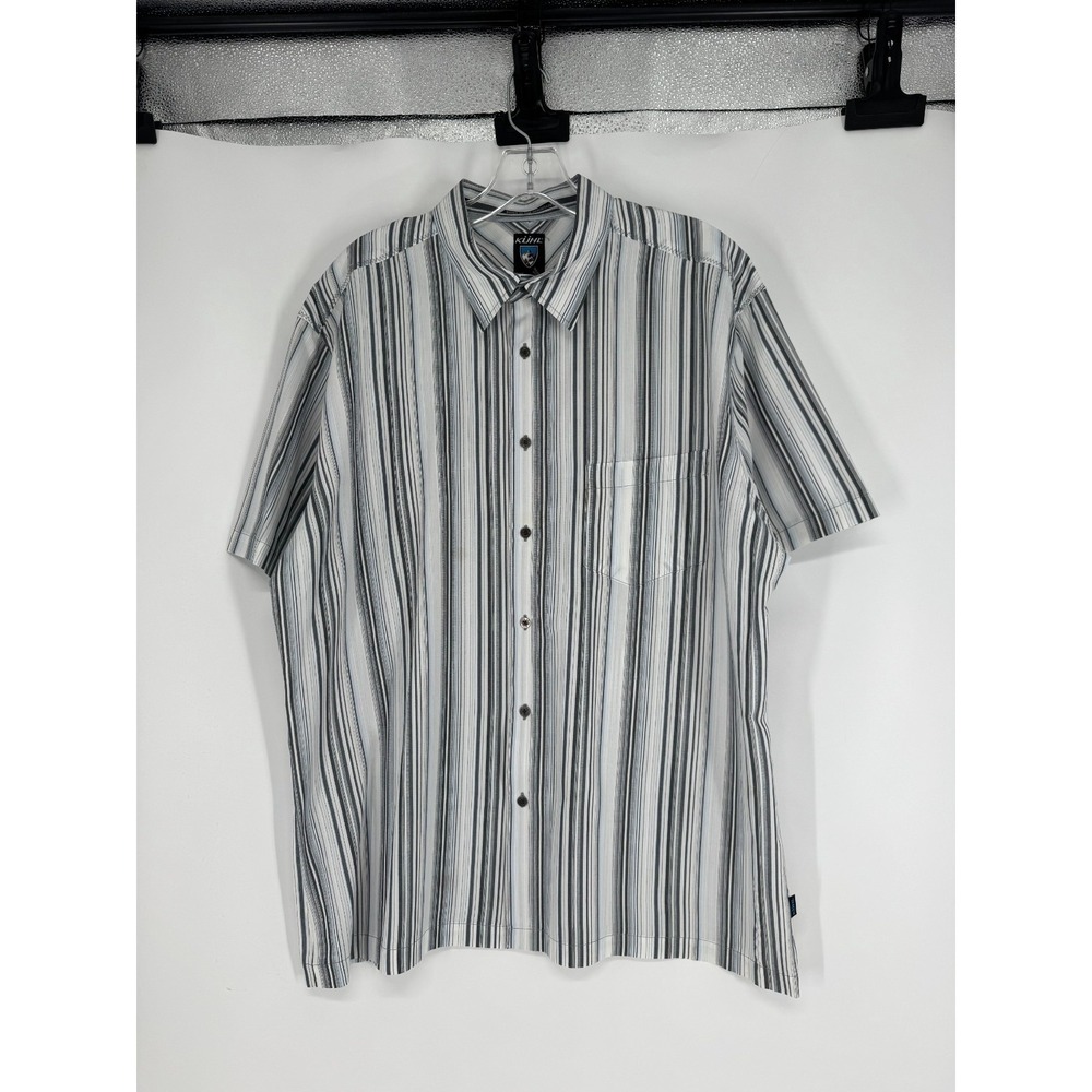Kuhl Short Sleeve Button Up Shirt Mens Size XL White Grey Striped Cotton‎ Pocket